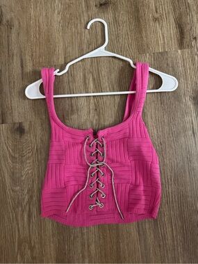 Women's Hot Pink Lace-Up Ribbed Crop Tank